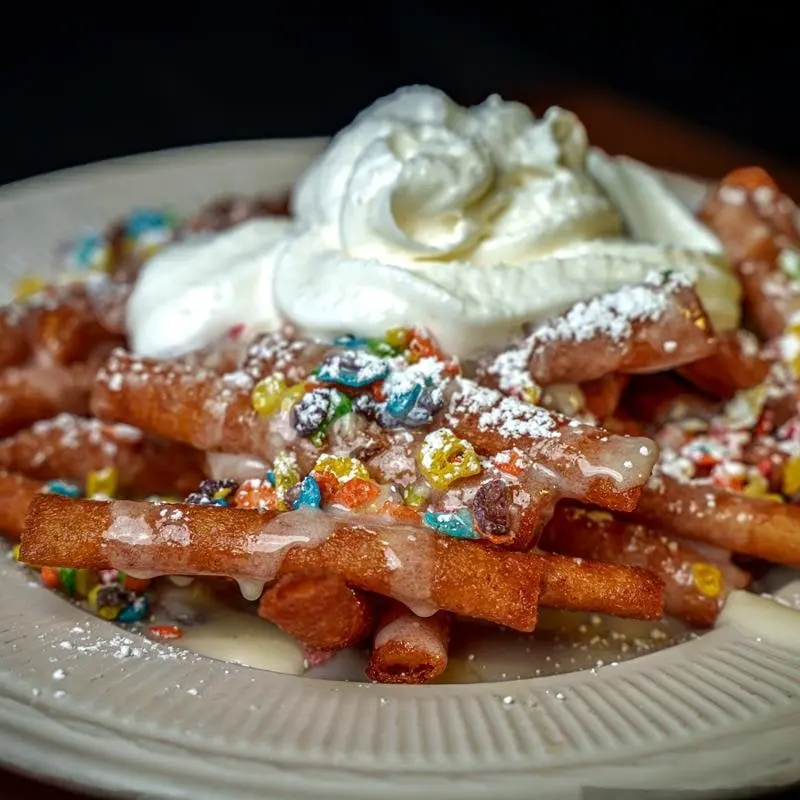 Deep Fried Cereal: golden fried sticks coated in colorful cereal, drizzled with icing, dusted with powdered sugar and topped with whipped cream